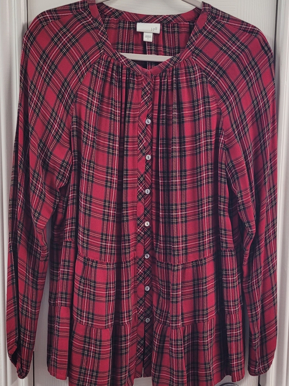 J. Jill Red Plaid Button-Front Peasant Top
